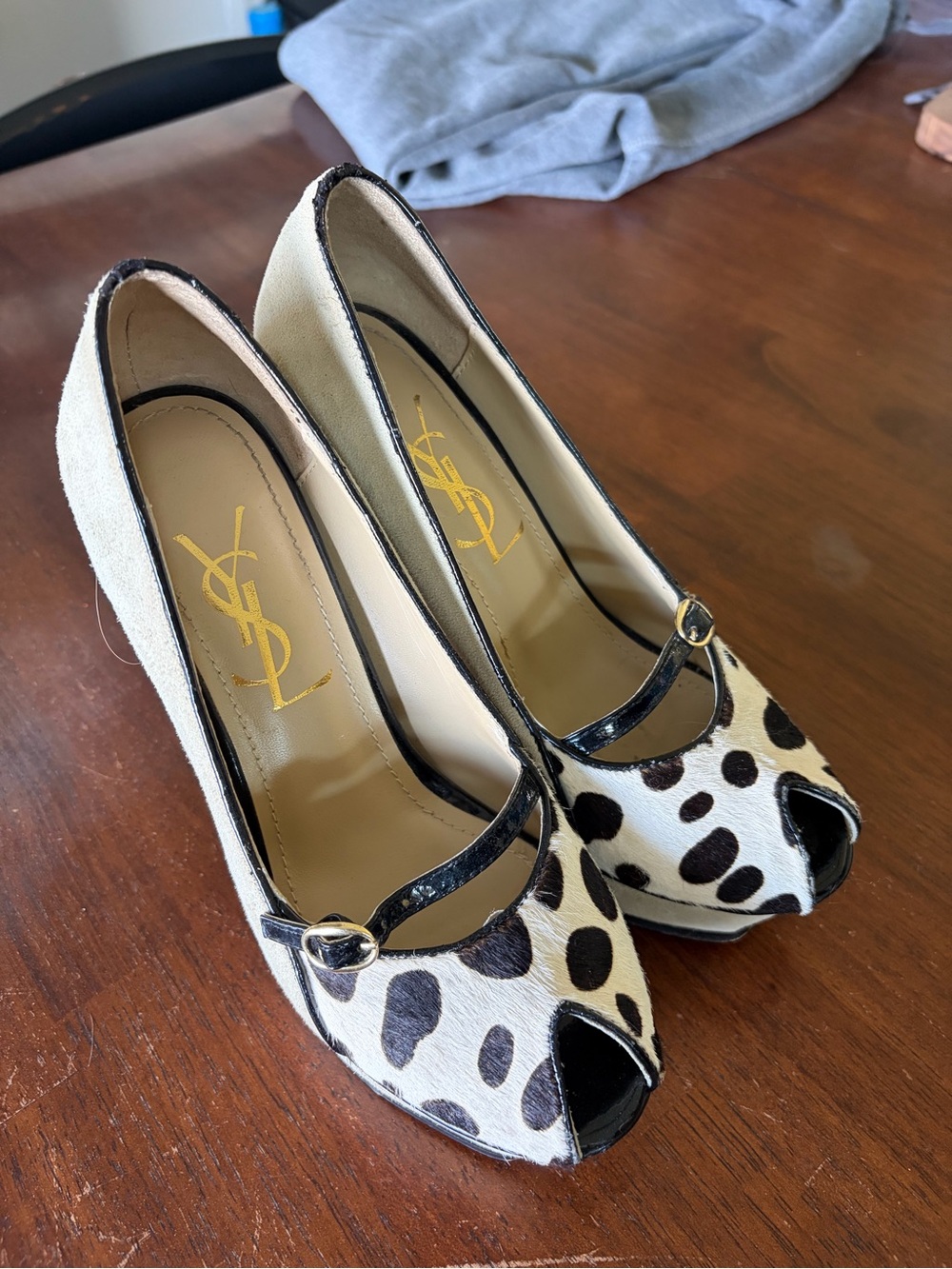 Yves Saint Laurent Black and Ivory Peep-Toe Mary Jane Pumps